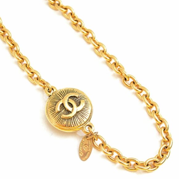 CHANEL CC Logo Round Pendant Necklace 38" Gold Tone Auth - Picture 8 of 14